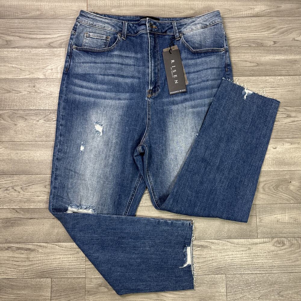 RISEN Jeans High Rise Relax Fit Skinny Jeans Distressed Medium Wash sz 2XL